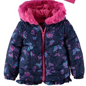 LONDON FOG Girls Puffer Jacket with Fleece Tube Scarf, Navy Fuchsia Butterfly 3T